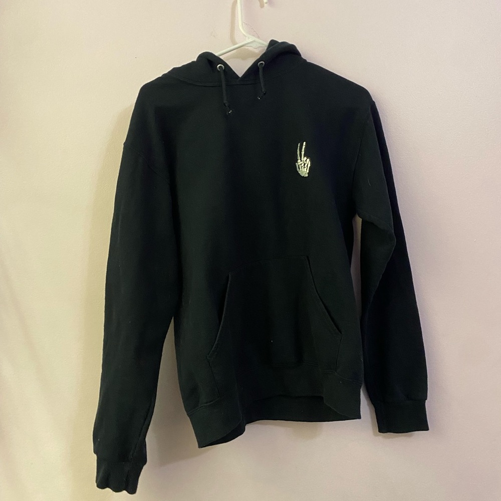 black hoodie, skeleton embroidery detail